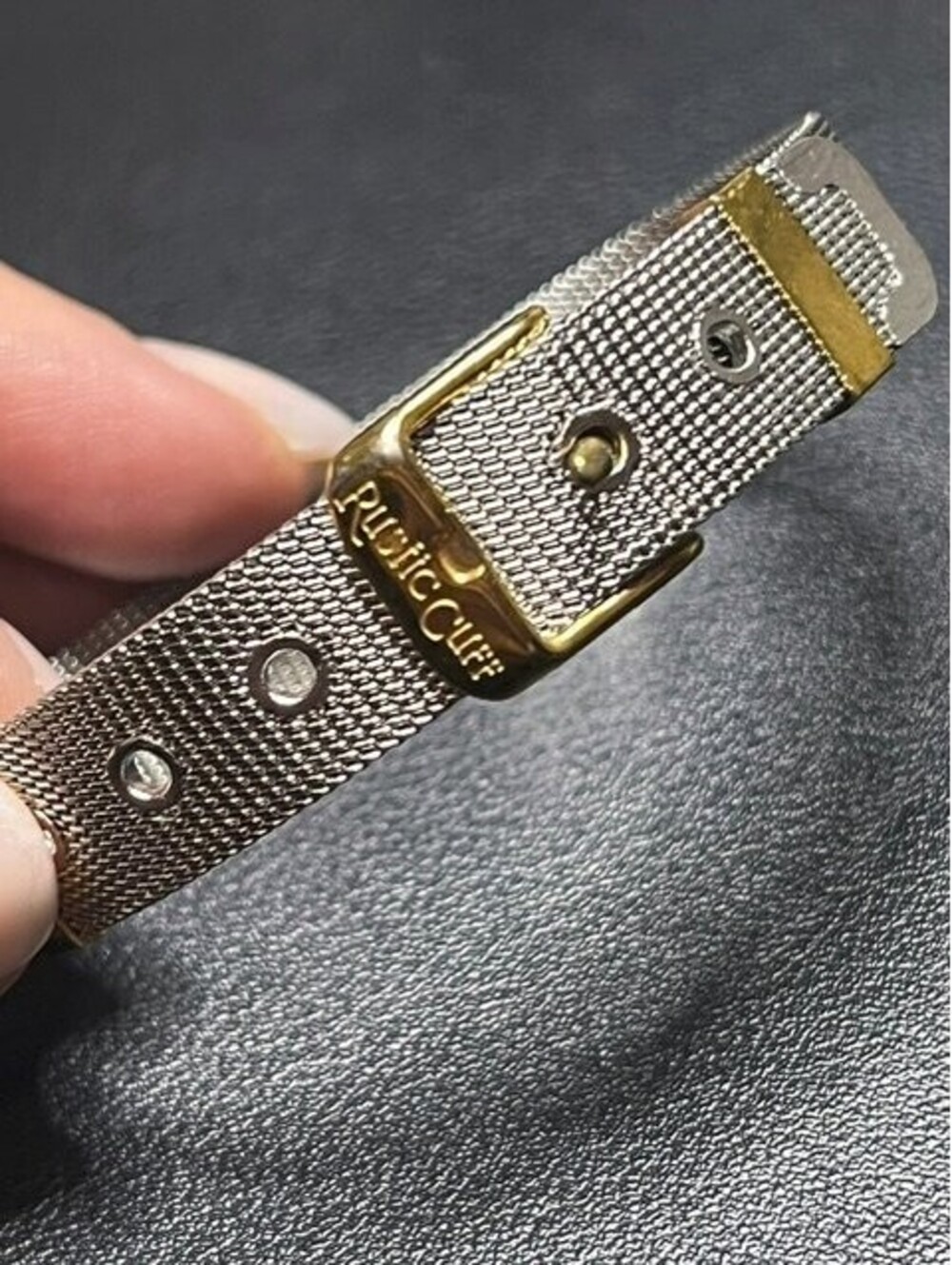 B6623 Rustic Cuff Mesh Bracelet Adjustable Buckle Two-Tone Silver Gold